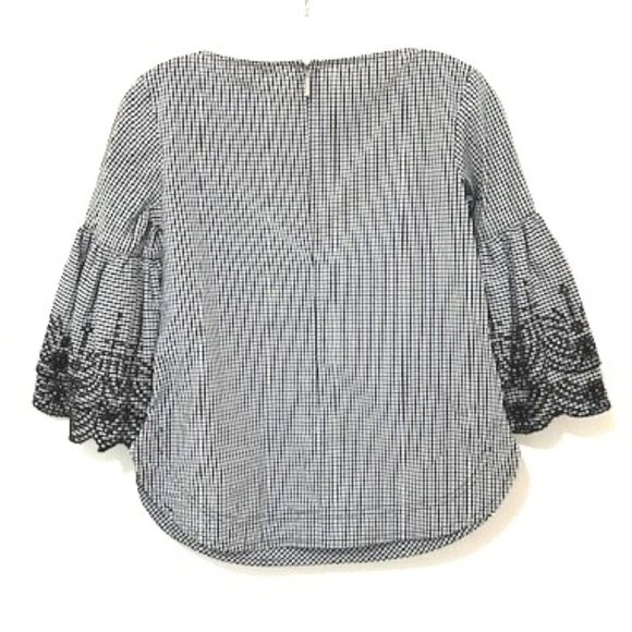 Lauren Ralph Lauren Top Black & White Gingham Embroidered Bell Sleeves PXS - Picture 4 of 5